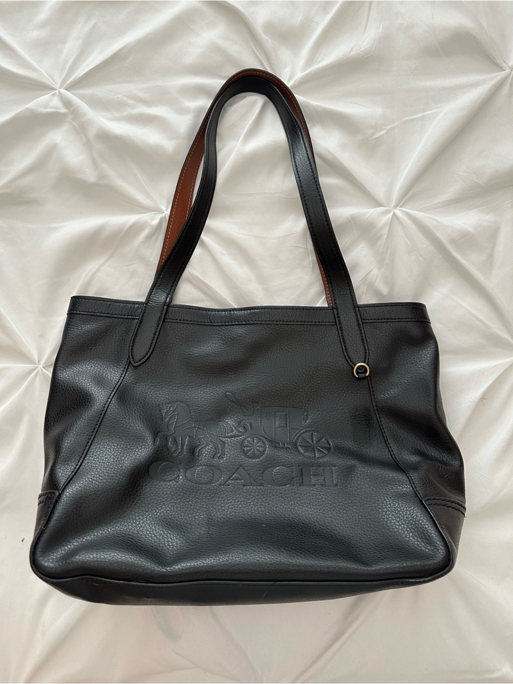 Coach Black Pebbled Leather Embossed Logo Tote with Brown-Trim Handles